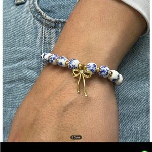 Frenchcore Gold and Blue Floral Beaded Bracelet with Bow - NWT